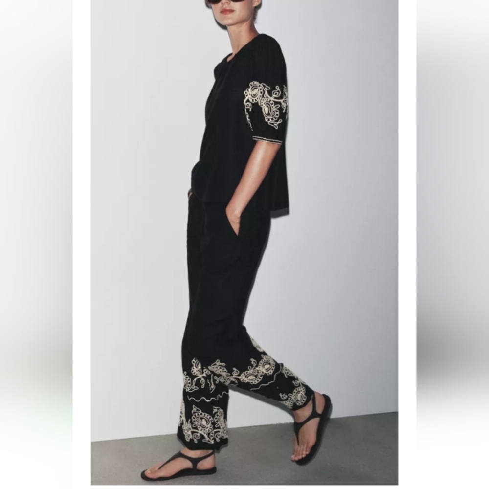 Zara Embroidered Linen Blend Black Pants And Top Set Sz-L